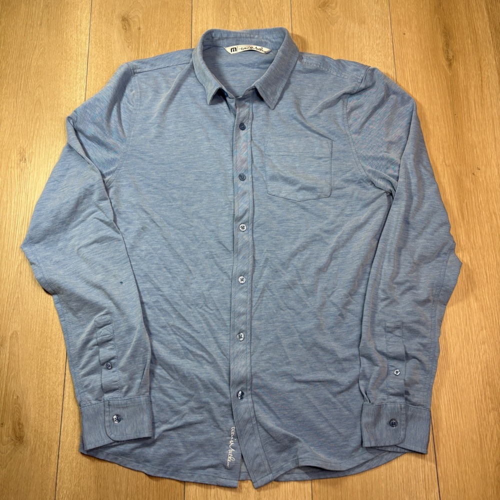 Travis Mathew Mens Medium Blue Heathered Long Sleeve Button Down Shirt Pinhole
